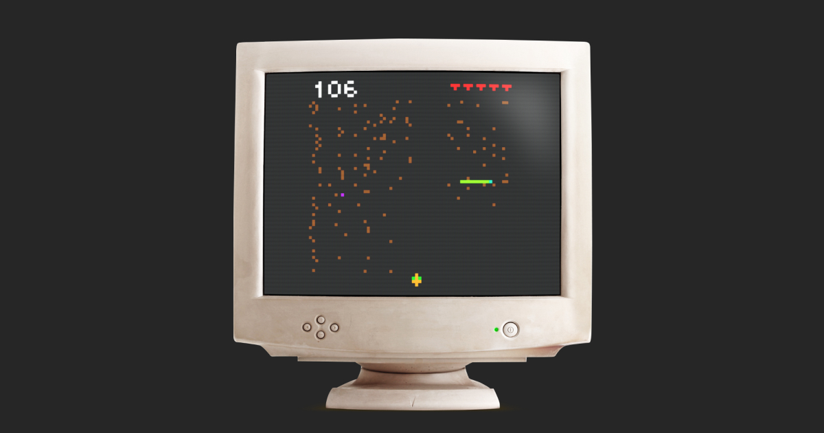 Retro computer with the Centipede game open, showing a score of 106 with all lives remaining