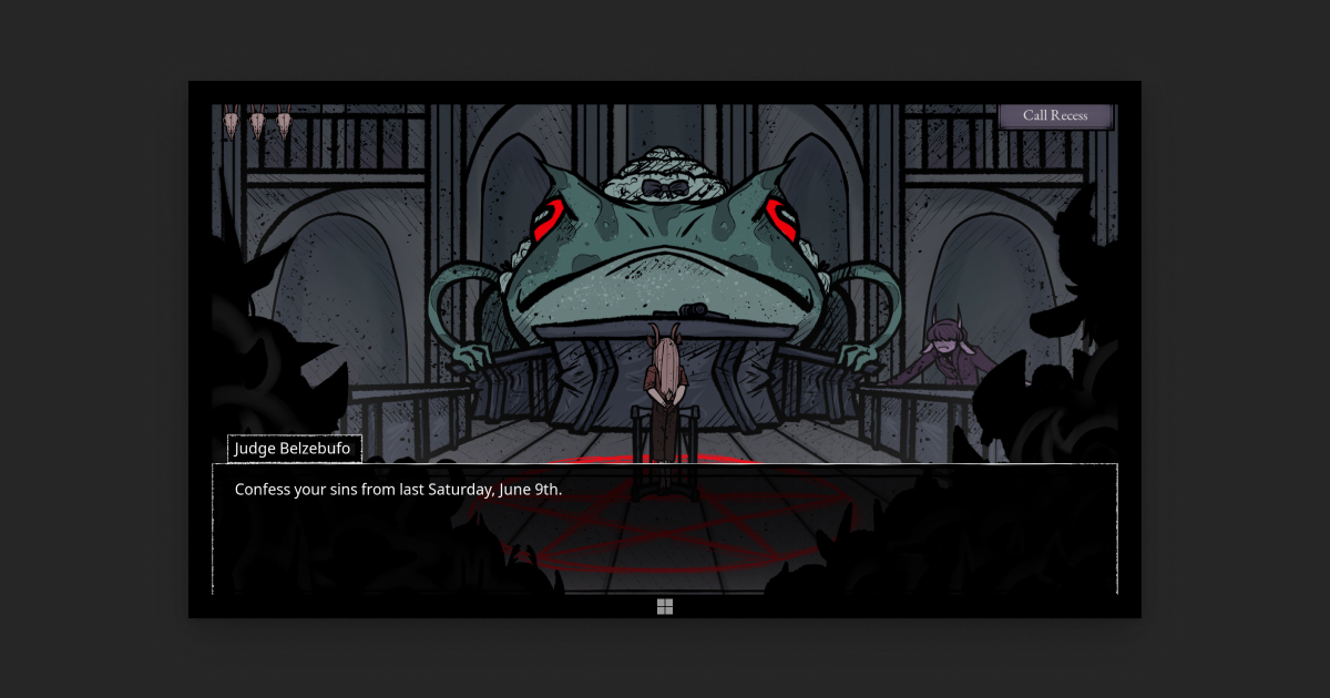 A screenshot of the game Devil's Advocate showing a courtroom scene.