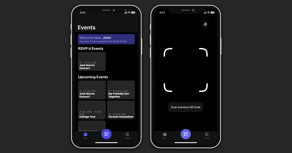 One phone has the Eventure app showing the main screen, another phone shows the QR Code scanner page