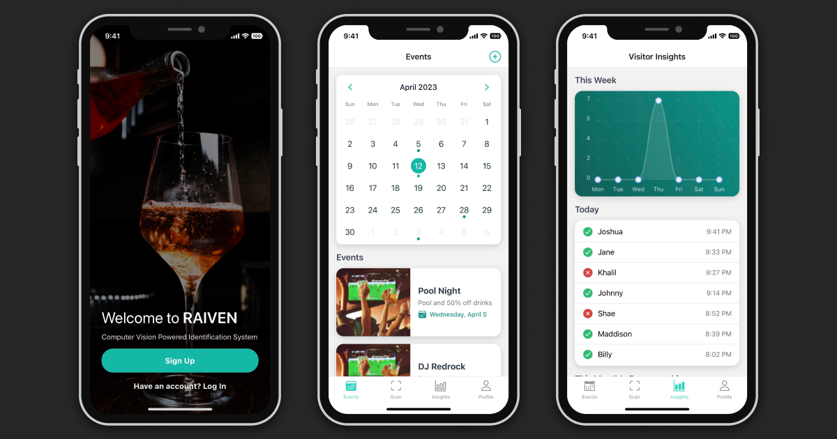 Mobile phones showing the app Landing page, Events page with a calendar and list of event cards, and the Insights page with a graph and a list of visitors