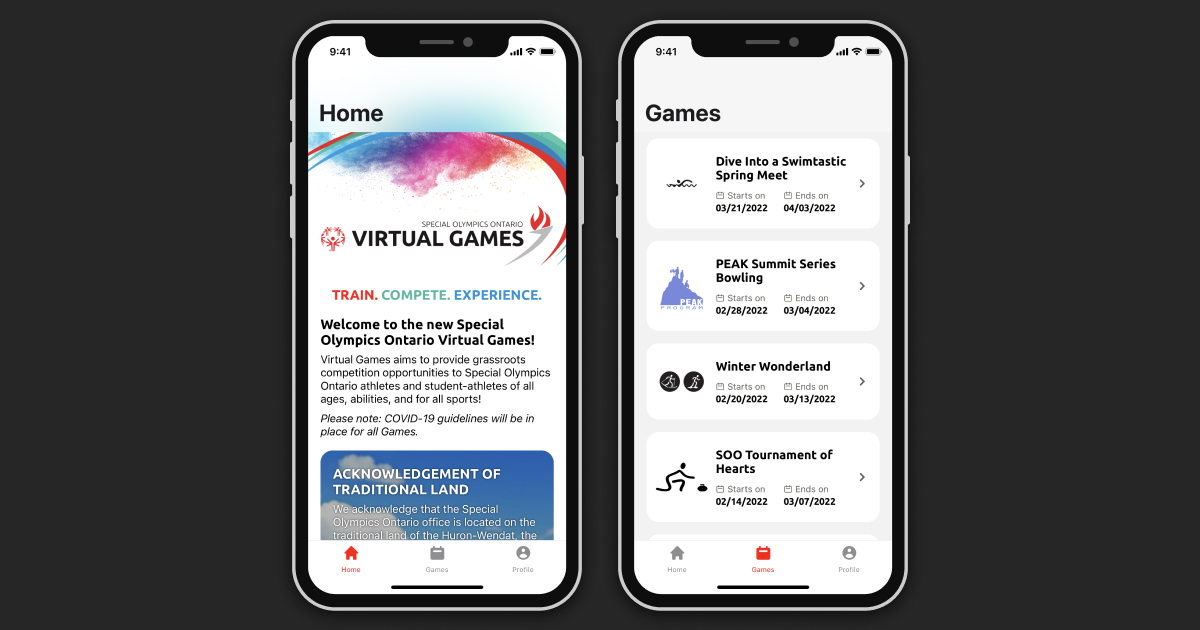 A phone showing the Special Olympics Ontario app homepage and another phone showing a list of games in the app