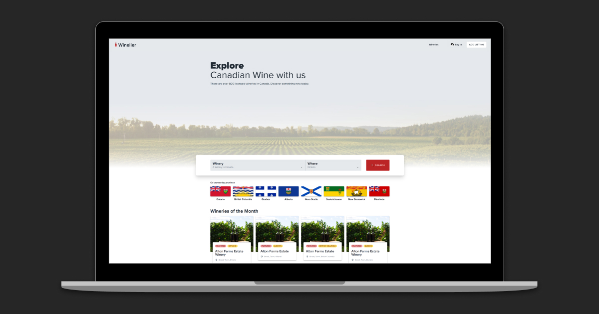 Computer showing the home page of Winelier